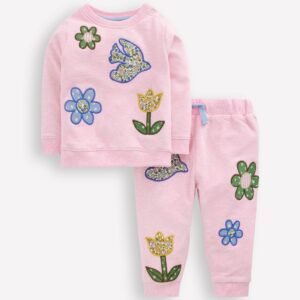 Appliqué Sweatshirt Set-Pink Floral Patchwork