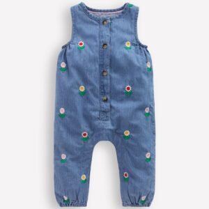 Embroidered Chambray Romper-Floral Embroidered Chambray
