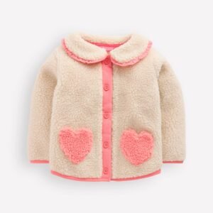 Girls Borg Collared Jacket-Neutral/Pink Heart