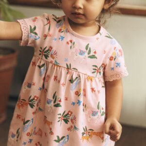 Broderie Trim Jersey Dress-Pink Tropical Animals
