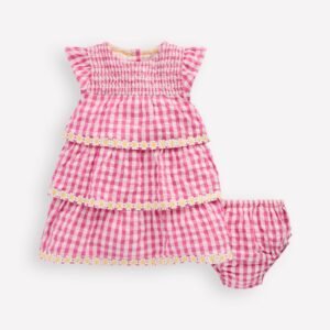 Tiered Woven Dress-Pink Gingham Daisies