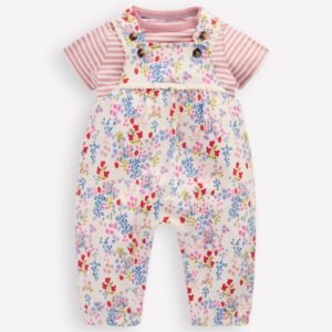 Short Sleeve Jersey Overalls-Ivory Ditsy Meadow