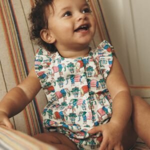 Short Frill Bubble Romper-Multi Elephant Woodblock