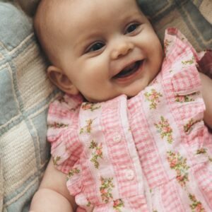 Short Frill Bubble Romper-Pink Gingham Floral