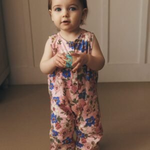 Girls Button Down Romper-Mid Pink Floral